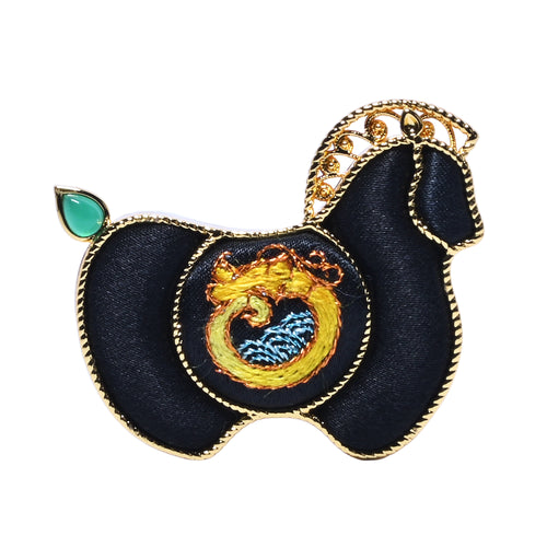 Yotopy Dark Horse brooch front view, black Suzhou silk embroidery