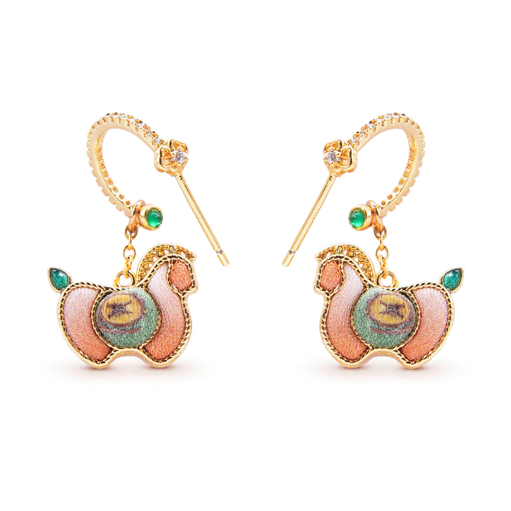 Yotopy Hand Embroidered Double-Sided Earrings, Suzhou Silk Embroidery Jewelry, Traditional Chinese Yuanbao Horse Prosperity Design, Artisan Craft Drop Earrings
