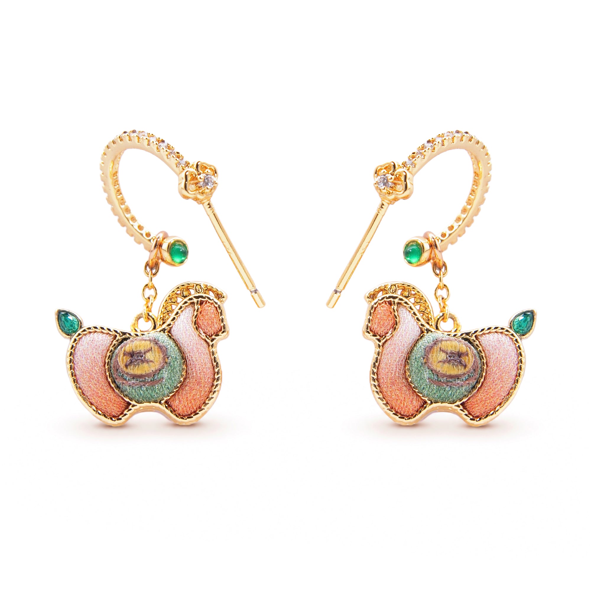 Yotopy Hand Embroidered Double-Sided Earrings, Suzhou Silk Embroidery Jewelry, Traditional Chinese Yuanbao Horse Prosperity Design, Artisan Craft Drop Earrings