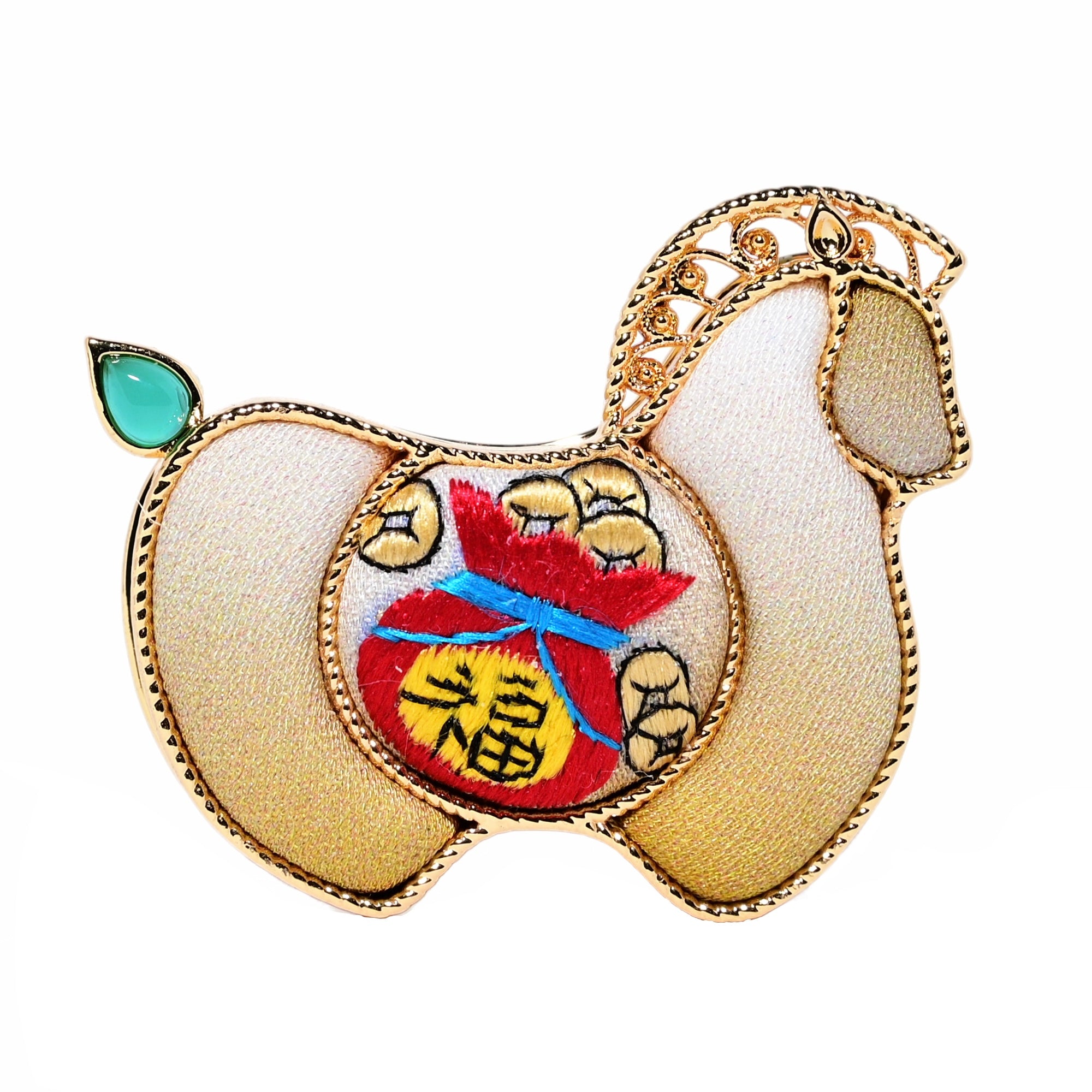 Yotopy Hand Embroidered Brooch Pendant 2-in-1, Suzhou Silk Embroidery Jewelry, Traditional Chinese Yuanbao Horse Fortune Design, Artisan Craft Brooch Pin, 3.6x3cm