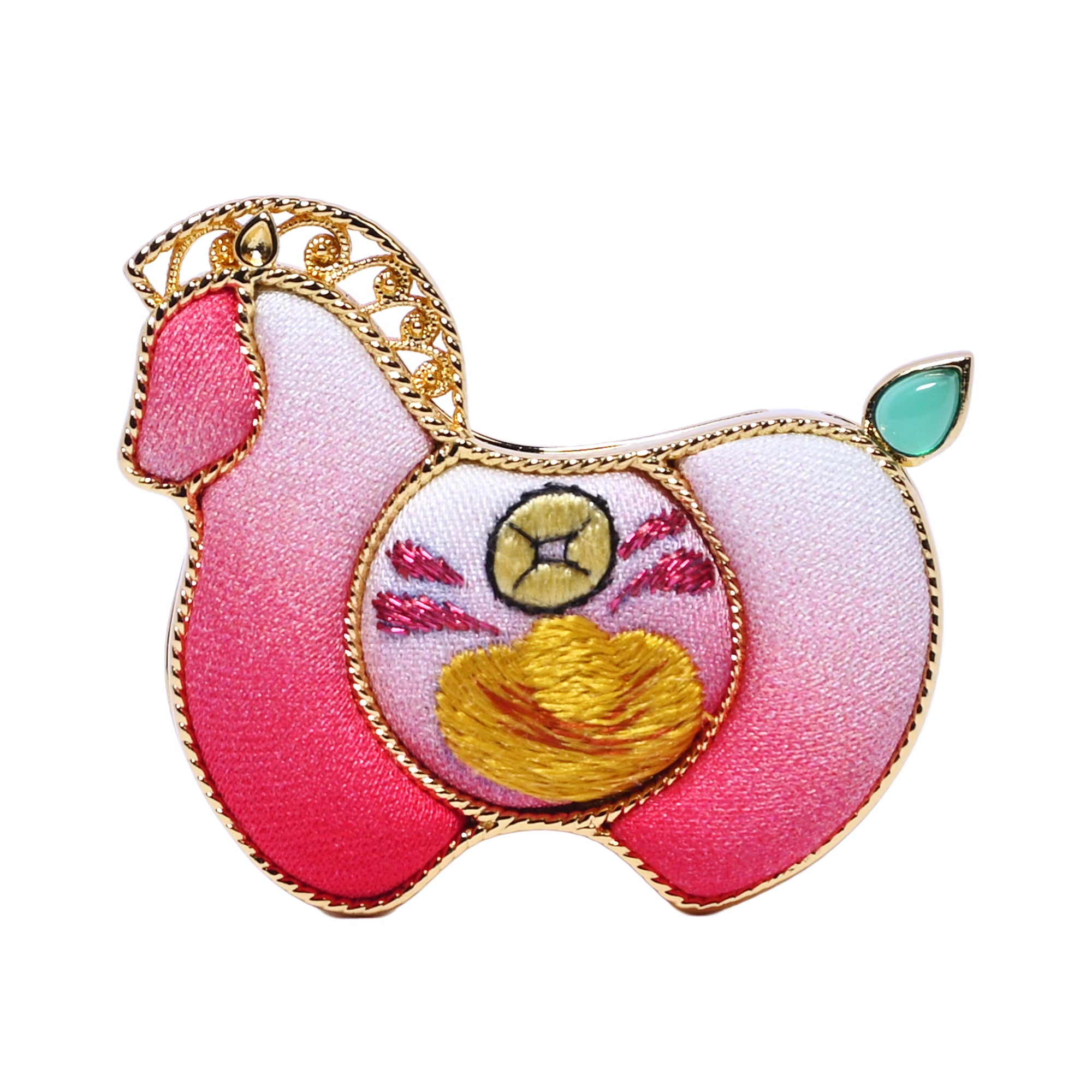 Yotopy Hand Embroidered Brooch Pendant 2-in-1, Suzhou Silk Embroidery Jewelry, Traditional Chinese Yuanbao Horse Prosperity Design, Artisan Craft, 3.6x3cm