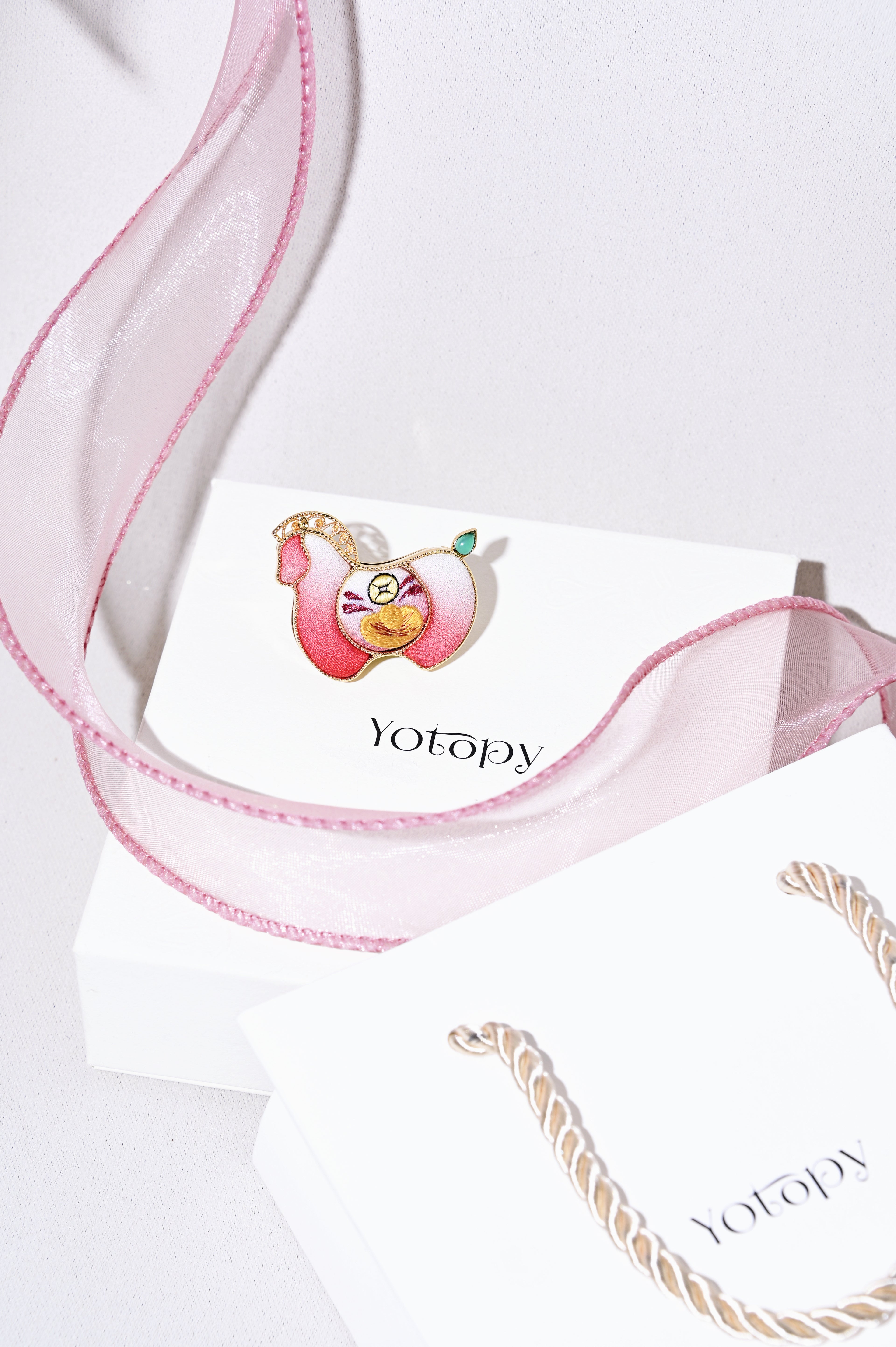 Yotopy Hand Embroidered Brooch Pendant 2-in-1, Suzhou Silk Embroidery Jewelry, Traditional Chinese Yuanbao Horse Prosperity Design, Artisan Craft, 3.6x3cm