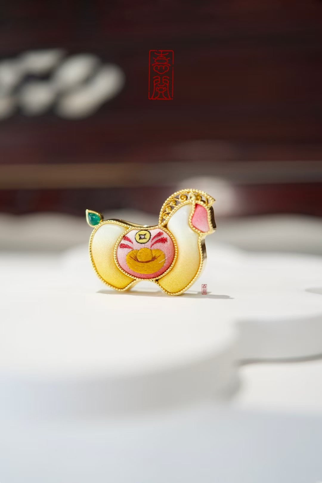 Yuanbao Horse "Money" 2-in-1 Silk Embroidery Brooch