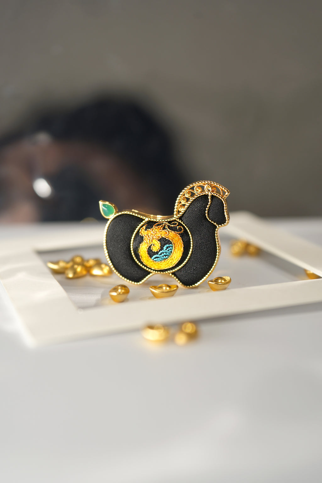 Yotopy Dark Horse brooch front view, black Suzhou silk embroidery