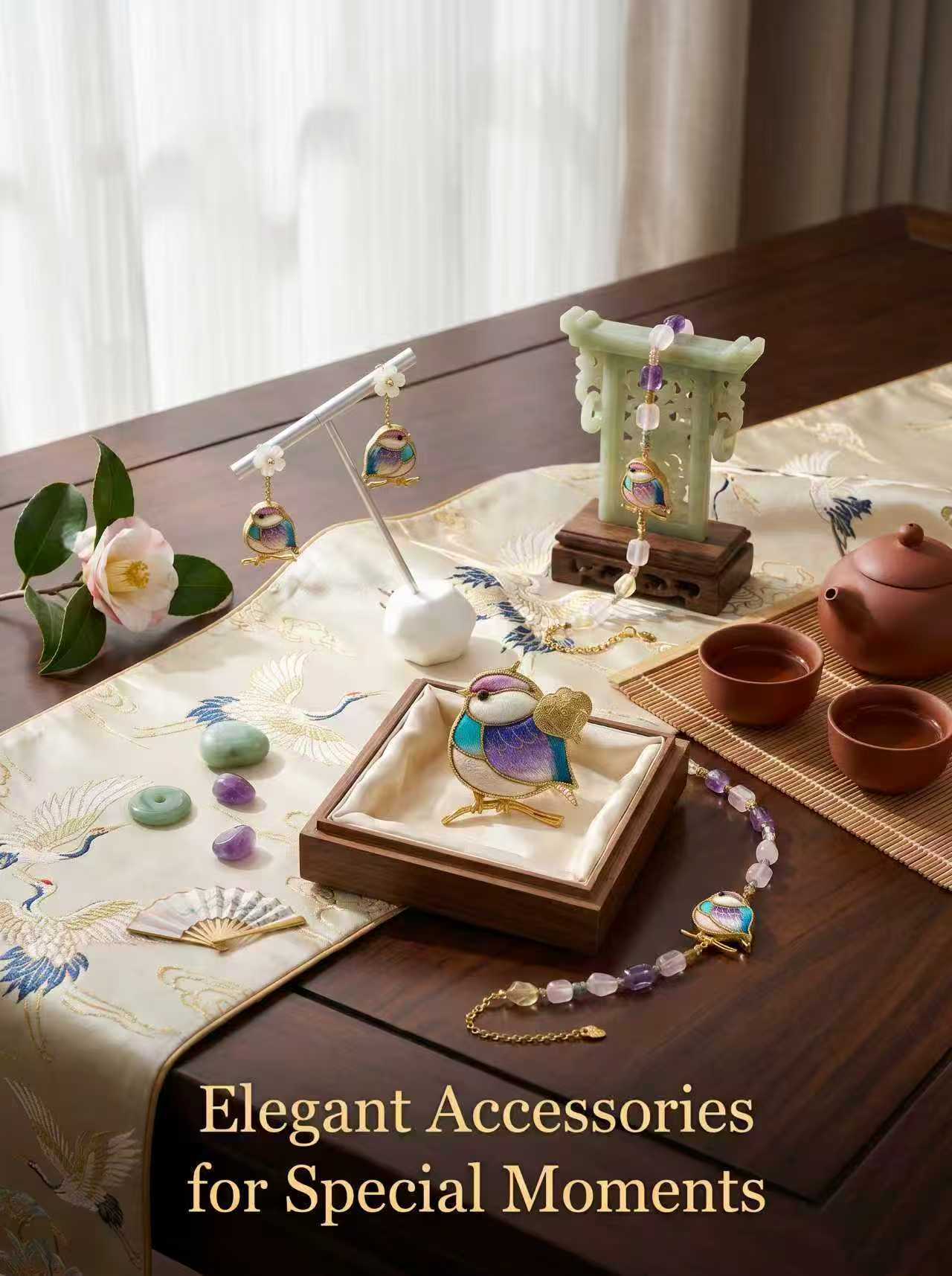 Decorative items on a wooden table with a soft focus background